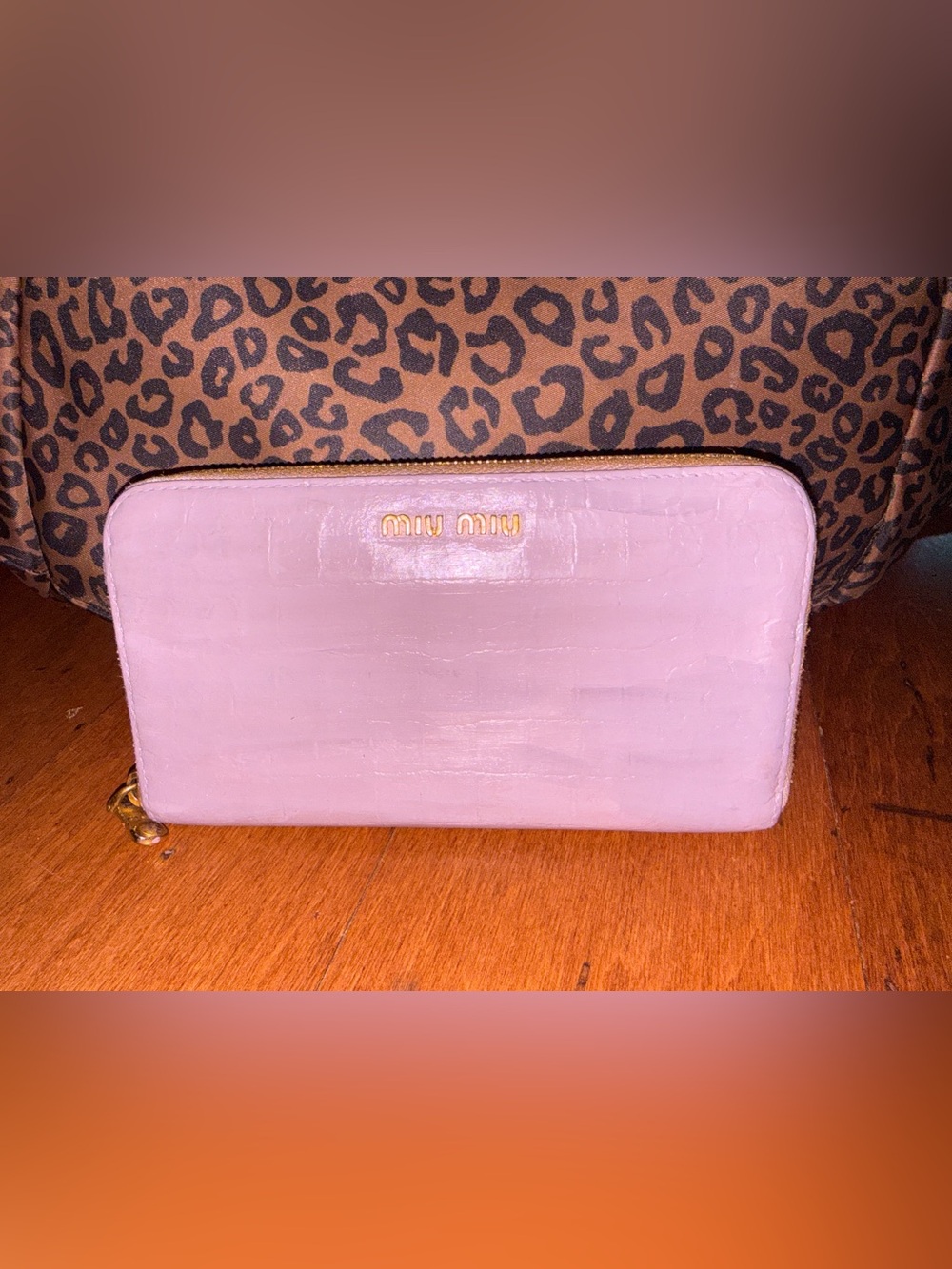 Miu Miu Light Purple/taupe Croc-Embossed Zip Wallet with Gold Logo, beautiful🤎💜